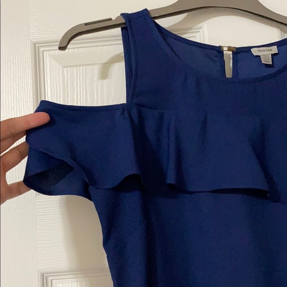 Tristan navy blue cold shoulder ruffle top - Picture 3 of 6